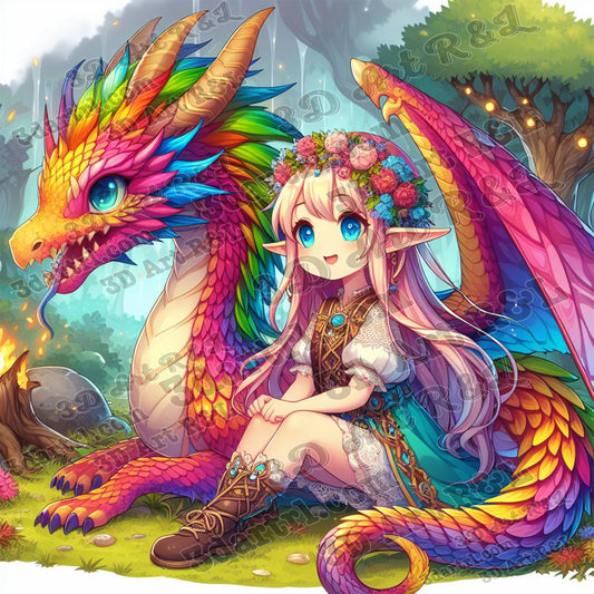 Histoire entre dragon et elfe, 80 X 80 cm